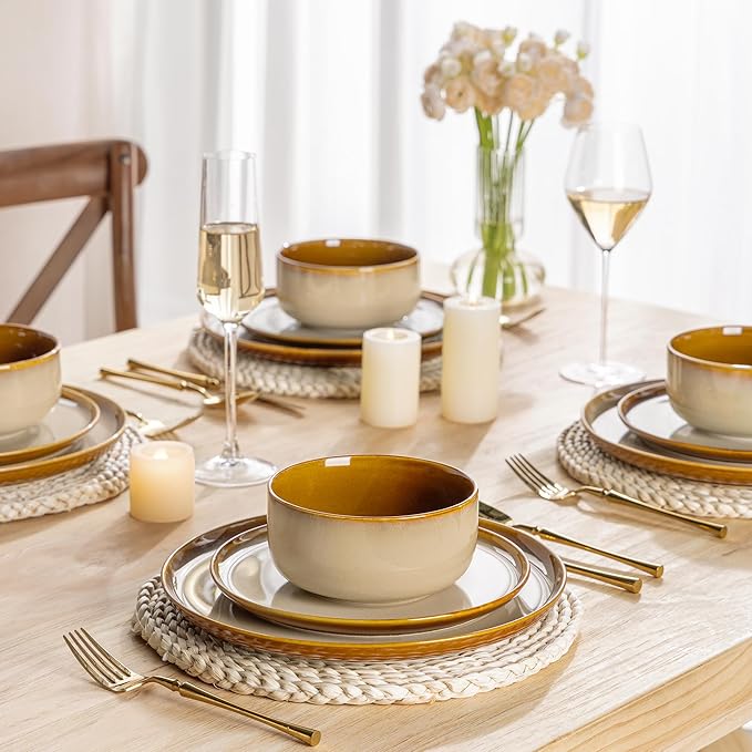 LeRatio Ceramic Dinnerware Sets for 4,12-Piece Plates and Bowls,Handmade Reactive Glaze Dishes Set,Chip Resistant and Scratch Resistant | Oven Dishwasher & Microwave Safe,Service for 4-Kahki