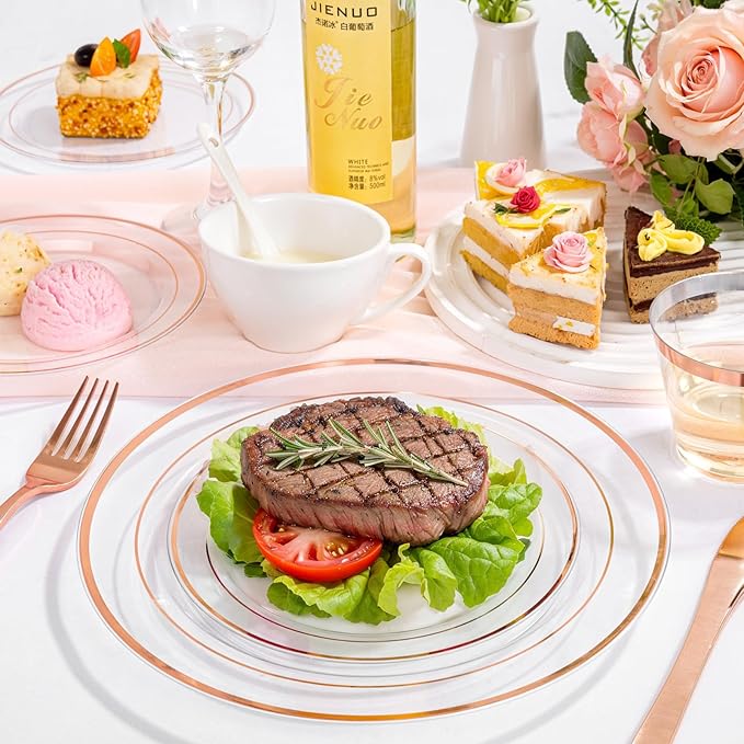 bUCLA 150PCS Clear Rose Gold Disposable Dinnerware set - Rose Gold Plastic Plates Include 25 Dinner / 25 Dessert Plates, 25 Knives, 25 Forks, 25 Spoons, 25 Cups for Party, Wedding & Mother's Day