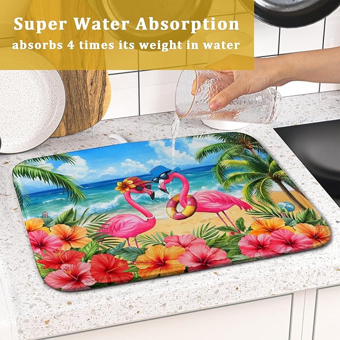 Summer Flamingos Dish Drying Mat 16x18 inch Tropical Beach Microfiber Washable Dish Rack Mats Drainer Pad for Counter Kitchen Table Decor