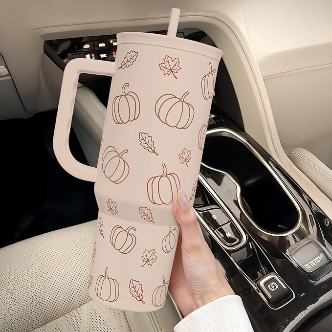 Pumpkin Tumbler with Handle and Straw 40oz – Stainless Sleel Slider Tumbler Travel Coffee Mug for Women - Gift Idea for Fall Autumn Halloween