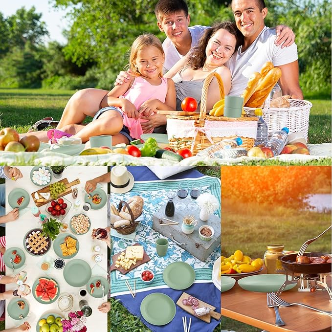 Camping Plates Cups and Bowls Set Green Reusable Microwave Safe Lightweight Unbreakable Plastic Dishes Set for Kids Elderly Kitchen Adults Outdoor,32 Pcs Holiday Dinnerware Sets for 8