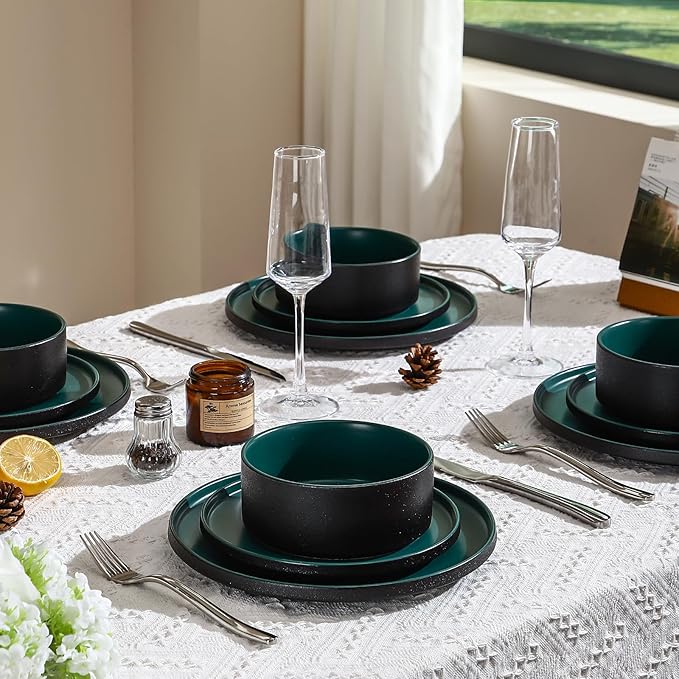 GZG Classic Series - Plates and Bowls Set for 6, 18 Piece Stoneware Dinnerware Sets, Microwave and Dishwasher Safe Lead-Free Handcrafted Ceramic Dishes Set - Malachite Green