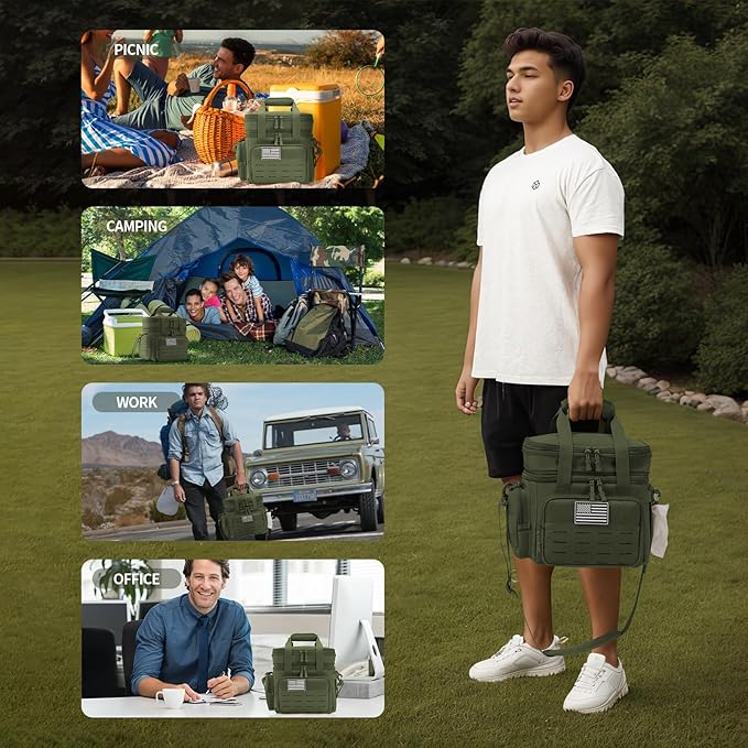 QT&QY Tactical Lunch Box for Men Expandable 18L Heavy Duty Military Insulated Cooler Bag, Leakproof Thermal Lunch Bag for Work Camping Outdoor Picnic Pail Adult Meal MOLLE Webbing Green