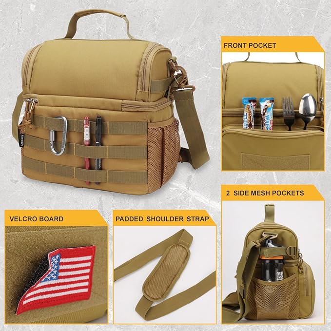 ATRIPACK 2 Compartment Lunch Bag for Men Adult, Tactical Lunch Box Leakproof Insulated Large Cooler Bag for Work with Adjustable Shoulder Strap Flag Double Layer Lunch Pail(Brown)