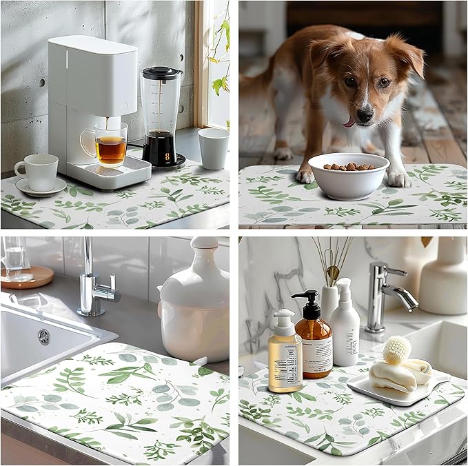 Summer Sage Green Leaves Dish Drying Mat Spring Eucalyptus Leaf Kitchen Dish Drying Pad Absorbent Dish Dryer Mat for Kitchen Countertops Microfiber Dishes Drainer Pad Dish Drying Rack Mat (18x24 in)