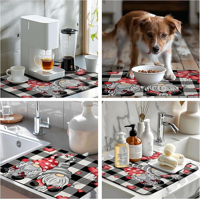 Valentine Gnome Hearts Dish Drying Mat Valentines Gnomes Dishes Dryer Mats for Kitchen Countertop 18x24 Inches Under Coffee Maker Drainer Matt Microfiber Large