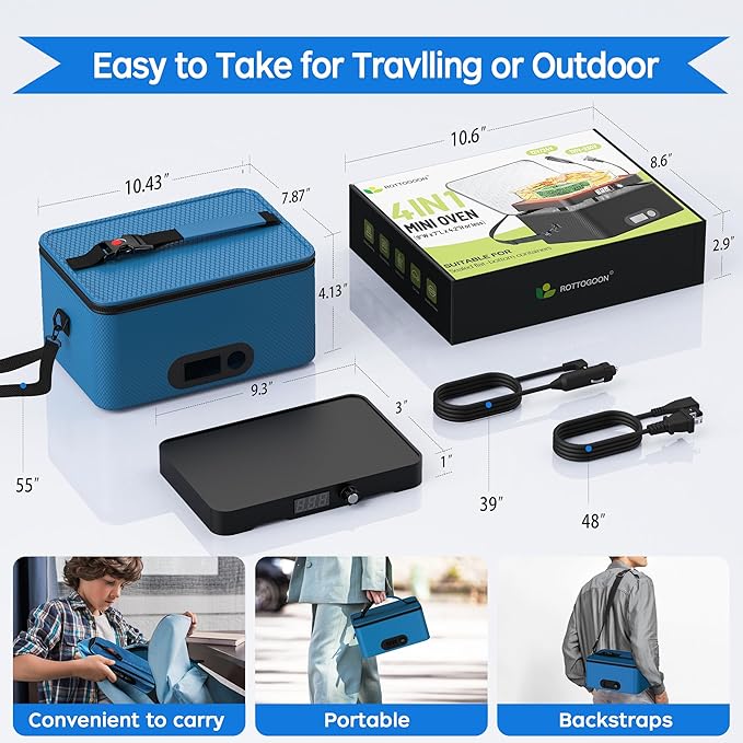Portable Oven, 12V 24V 110V-240V Car Food Warmer Portable Personal Mini Oven Electric Heated Lunch Box for Meals Reheating & Raw Food Cooking for Road Trip/Camping/Picnic/Family Gathering(Blue)