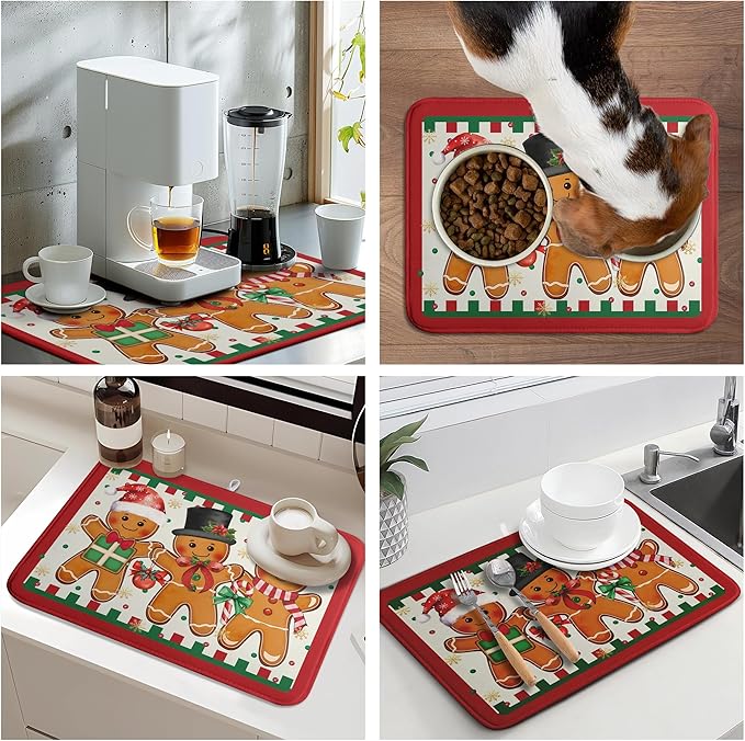 Christmas Gingerbread Man Dish Drying Mat Winter Large Kitchen Mats Dish Drying Pad Xmas Candy Absorbent Dish Dryer Mat for Kitchen Countertops Microfiber Drainer Pad Dish Drying Mats (18x24 in)