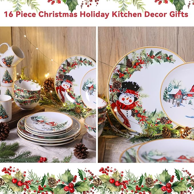 16 Pcs Snowman Christmas Dishes Dinnerware Set of 4 Guest Holiday Dinner Plates Ceramic Vintage Christmas Salad Plates Holly Ivy Bowl Mug Serving Dishes Gift for Xmas Village Tree Kitchen Decoration