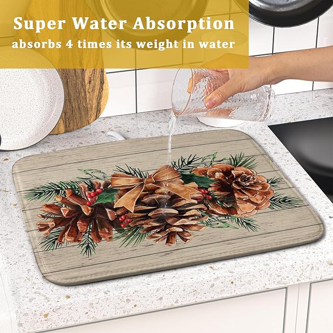 Winter Pine Cone Dish Drying Mat Holly Berries Dish Draining Mat Microfiber Washable Dish Drainer Rack Mat for Home Kitchen Counter 16"x18"