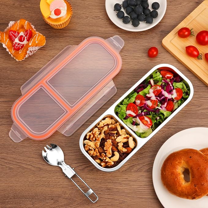 Stainless Steel Snack Containers with Lids & Spork, Reusable 2 Compartment Condiment Boxes, Divided Grab Food Storage Containers, Sauce Cups for Home, Travel (2 Compartments)