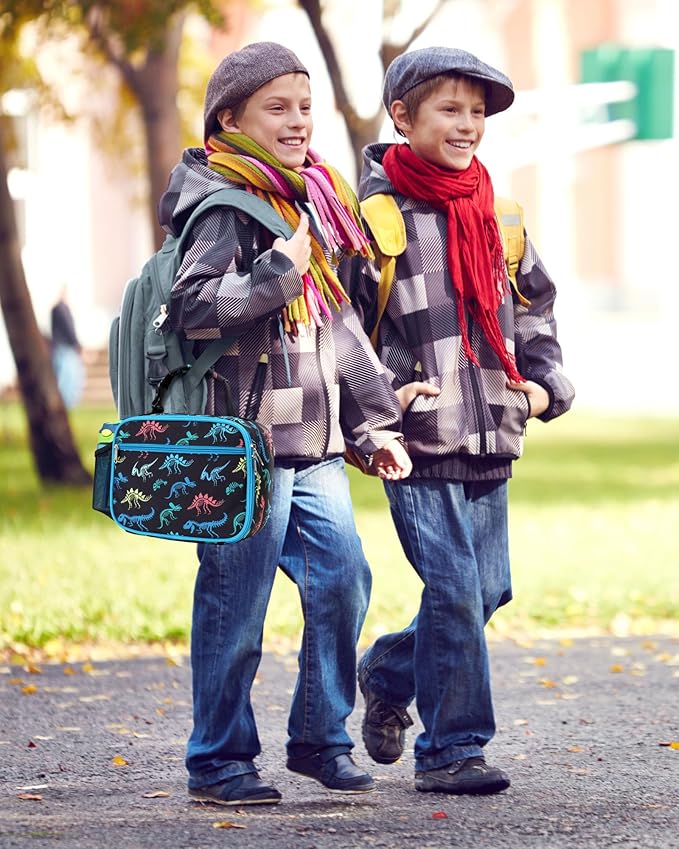 Bagseri Kids Lunch Bag Boys - Insulated Lunch Box for Kids Reusable Leak-Proof Boys Lunch Bag with Water Bottle Holder Toddler Lunch Box for Daycare and School, Black Dinosaur Fossil