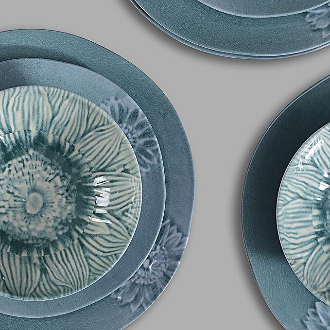 Melamine Dinnerware Sets of 12Pcs,Dishes Set for 4, Blue Dinnerware Sets, Suitable for Indoor and Outdoor Use,Unbreakable,Dishwasher Safe,BPA free