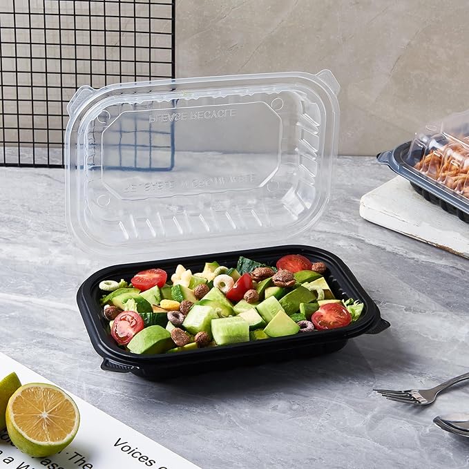 CIAO! 9"x6"x3" Polypropylene Black bottom with Clear Lid Hinged Container 1 Compartment Take Out Container, Microwavable, Recyclable and Reusable, (Case of 150)