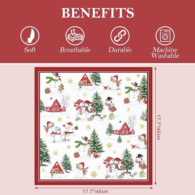 Christmas Snowman Napkins, 18×18 Inch Dinner Cloth Napkins Set of 6, Washable Cotton Soft Absorbent Square Table Top Decoration for Dining Kitchen Party Wedding