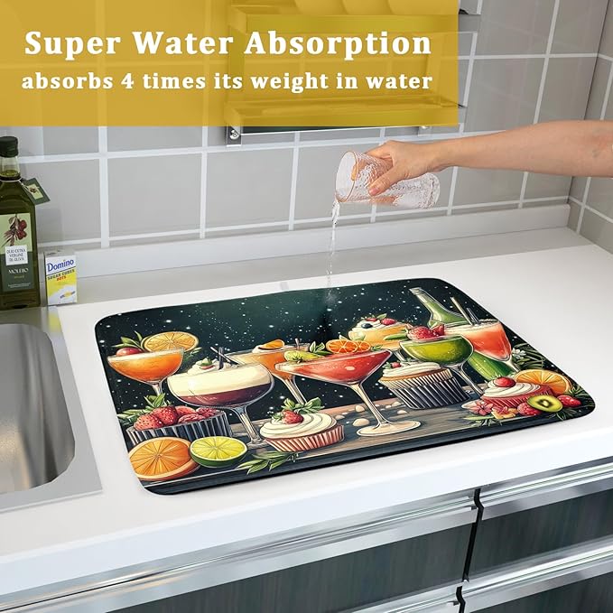Wine Glass Dish Drying Mat - Summer Party Absorbent Microfiber Kitchen Drying Pad for Counter Decoration