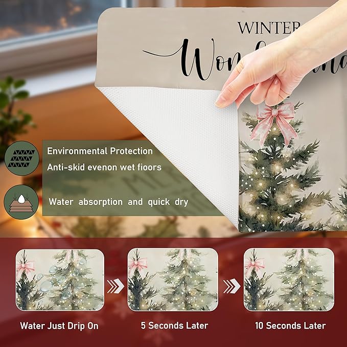 Winter Christmas Tree Dish Drying Mat, Pink Bow Xmas Tree Coffee Bar Mat for Countertops, Vintage Christmas Absorbent Dish Drying Mats for Kitchen Counter Coffee Maker, 16x24 Inch