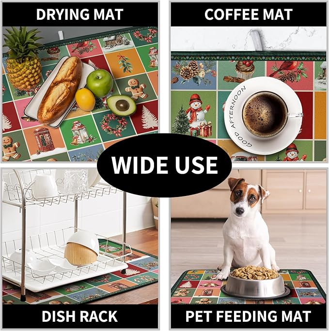 Christmas Dish Drying Mats for Kitchen Counter Cute Xmas Holiday Dish Drainer Pad Microfiber Absorbent Winter Dish Draining Mat Washable Dish Drainer Rack Mat Extra Large 18x24 Inch