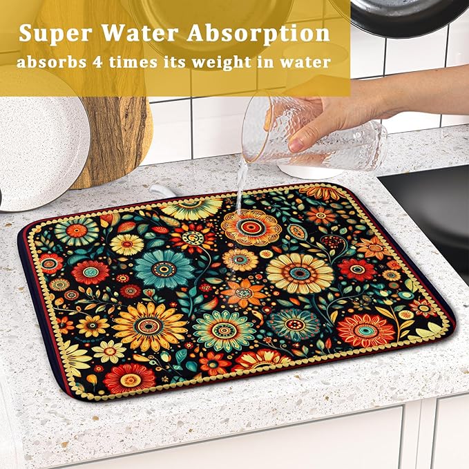 Bohemian Style Flowers Drying Pad Boho Floral Dish Drying Mat for Kitchen Counter Absorbent Microfiber Drainer Rack Mat