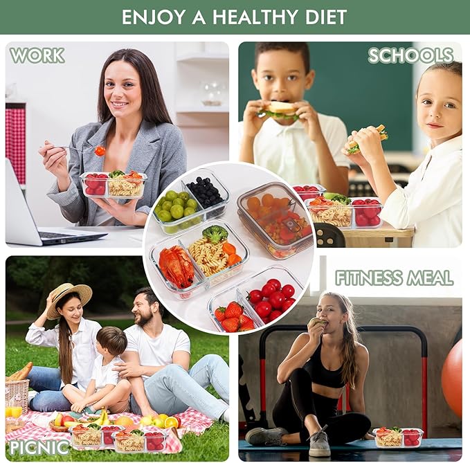 5 Pcs 35oz Glass Food Prep Containers with Airtight Lids,Bento Boxes for Lunch, 2 Compartment Lunch Box,Glass Storage Containers with Lids - Light Gray