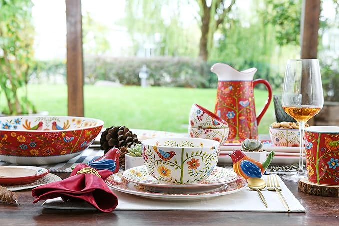 Bico Red Spring Bird Dinner Plates Set of 4, 11 Inch Large Ceramic Plates for Pasta, Steak, Stylish Serving Dishes, Microwave and Dishwasher Safe, Gift for Housewarming and Thanksgiving