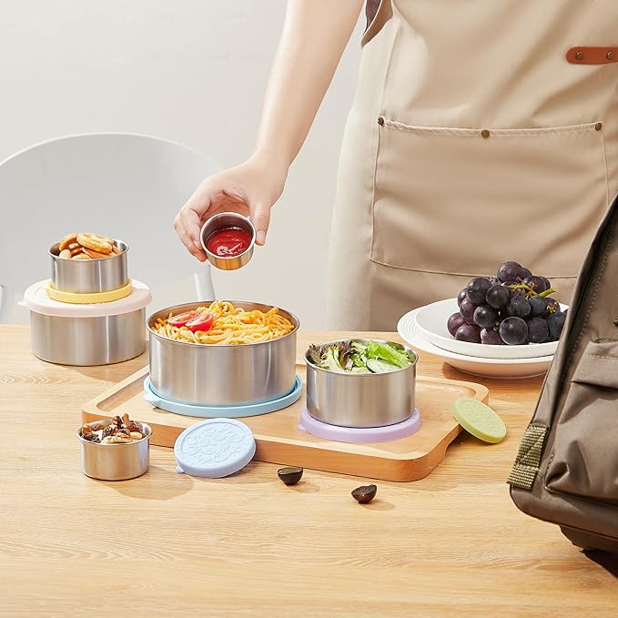 Stainless Steel Food Container, Set of 6, Nesting Bowls with Colorful Lids, stackable leakproof Metal Lunch Box Set for Kids, Daycare, School, Travel. Sauce Salad dressing Container to go (Harmony)