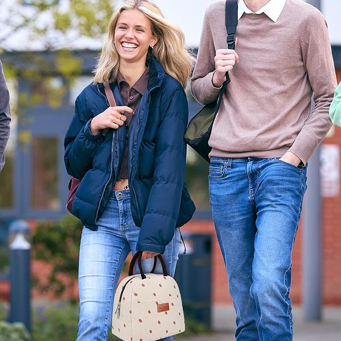 BALORAY Lunch Bag for Women Men Insulated Lunch Box for Adult Reusable Lunch Tote Bag for Work, Picnic or Travel (Corduroy Beige with Strawberry)