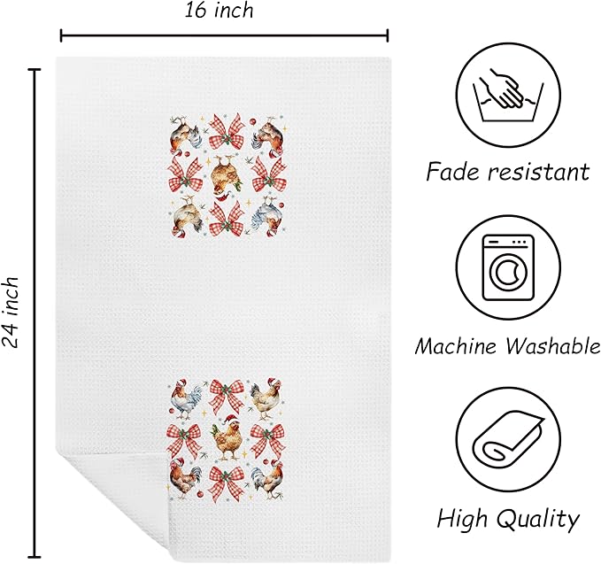 Red Plaid Bow Christmas Chicken Kitchen Towels, Chicken Lover Mom Lady Gifts Dish Tea Towels for Kitchen, Christmas Farm Hen Rooster Decorative Hand Towel for Bathroom, 16x24 Inch
