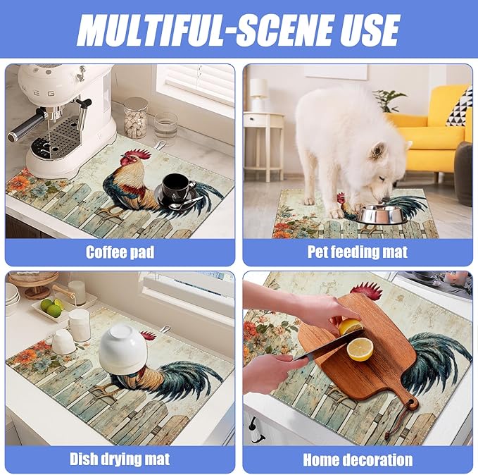 Vintage Rooster Dish Drying Mat for Kitchen Counter Farmhouse Drying Pad Absorbent Reversible Dish Drainer Rack Mats Draining Pad 18"x24"Inch