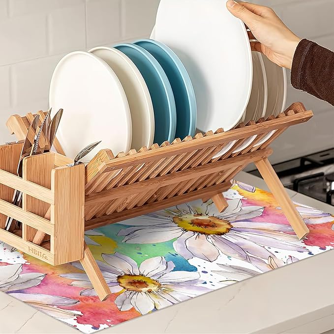 White Daisy Floral Dish Drying Rack Mats Decor,Watercolor Dish Pad Drying Mat Kitchen Counter 18x24 Inch Absorbent Reversible Microfiber for Coffee Bar Sink Countertop