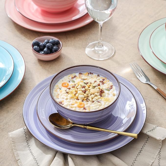 Selamica Ceramic 12-Pieces Dinnerware Sets, Scratch Resistant Plates and Bowls Sets, Handpainted Swirl Dishes Set for 4 with Spray Black Dots, Dishwasher&Microwave Safe, Gradient Color