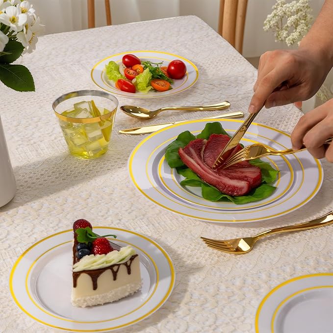 WELLIFE 450 PCS Gold Disposable Dinnerware Set for 75 Guests, 75 Each-Dinner & Salad Plates,Cups, Forks, Knives, Spoons for Wedding and Party Supplies