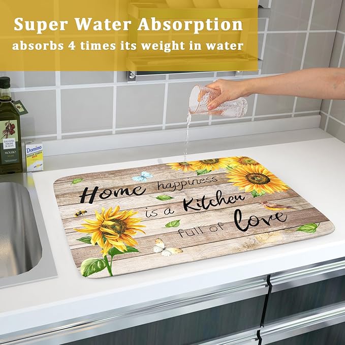 Sunflower Floral Dish Drying Mat for Kitchen Countertop 18x24 inch Rustic Wood Washable Microfiber Absorbent Dishes Drainer Rack Pad
