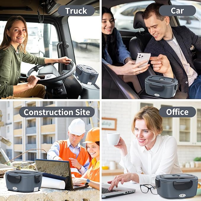 Vingud Electric Lunch Box for Adults, Heated Lunch Box with 2 Stainless Steel Container, 1.5L Portable 80W Food Warmer Lunch Box for Car/Truck/Work/Home Men, 110V/12V/24V/240V