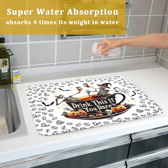Skull Dead Coffee Mat Funny Dish Drying Pad for Kitchen Counter Absorbent Coffee Bar Accessories 18 X 24 Inch