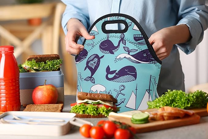 Violet Mist Cute Neoprene Lunch Bag Insulated Reusable lunch Bags Whale Animal Food HandBags Thermal Lunch Bags Cooler Lighweight Washable Cool lunch bags Box Work Picnic Gift for Women Men Adult