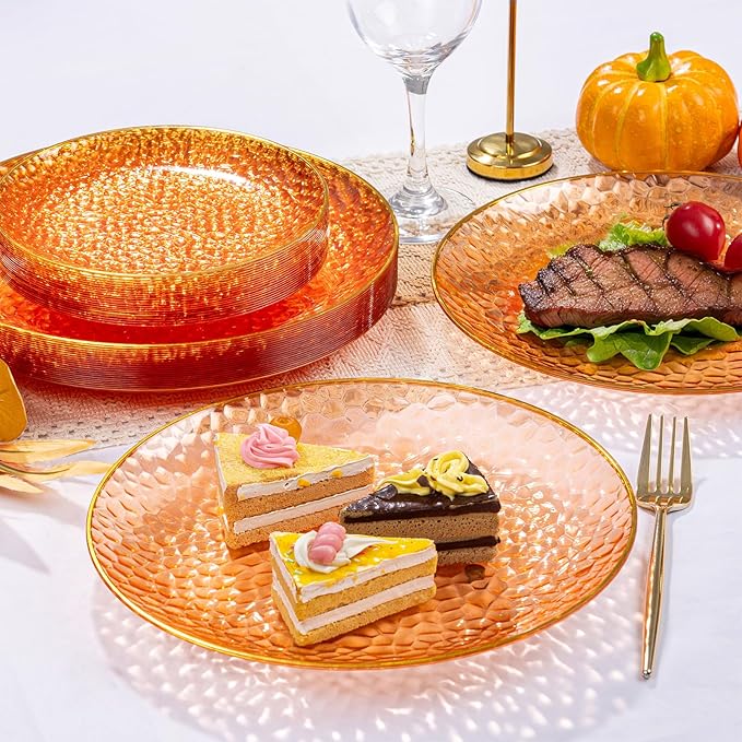 Rubtlamp 100Pcs Thanksgiving Plastic Dinner Plates, 10 Inch Disposable Orange Dinner Plates, Heavy Duty Plates with Gold Rim, Hammered Disposable Plastic Party Plates For Event Party