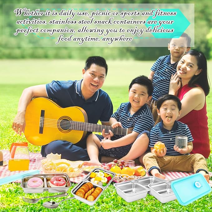 8 Set Stainless Steel Snack Containers with Lids Reusable 2 Compartment Snack Box Spoon Fork for Travel Outing Picnic Fruit Cookies Snacks Waffles Food