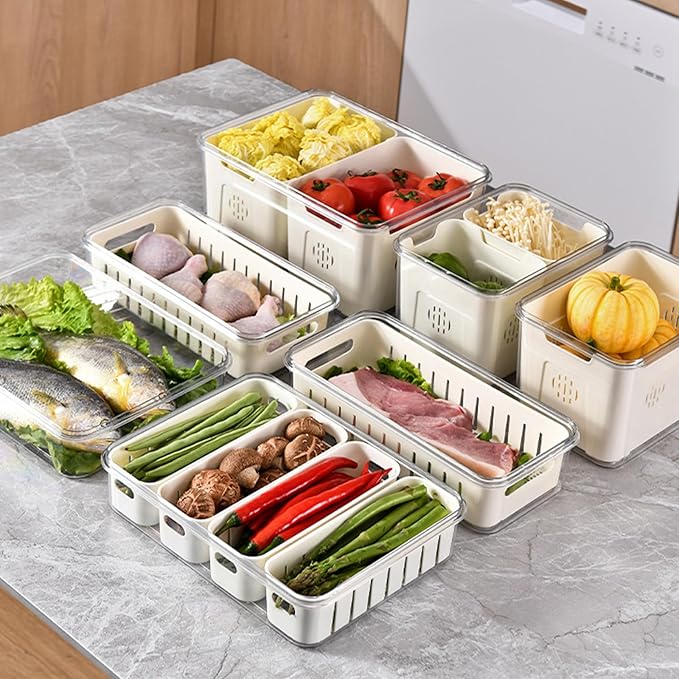 shopwithgreen Salad Bar Containers for Fridge with Lid and Handle, Fruit Storage Containers with 4 Removable Colanders, Berry Box Fresh Produce Saver for Fruit, Veggie, Refrigerator, Kitchen, Picnic