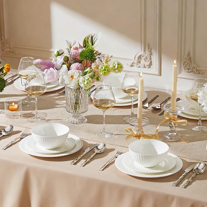 KINGSTONE Bone China Dinnerware Set, 24-Piece White Lightweight Porcelain for 8, Plates and Bowls with Rhombus patterned edge design, Microwave and Dishwasher Safe, for Family, Restaurant, Gifting