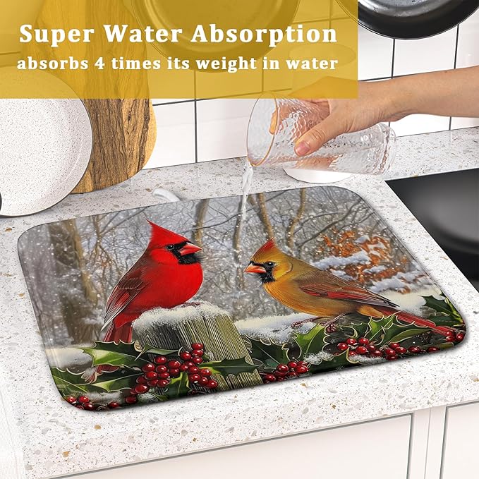 Winter Birds Dish Drying Mat Red Berry Dish Drainer Rack Mat Microfiber Absorbent Dish Drying Pad for Kitchen Counter Coffee Bar 16x18 Inch