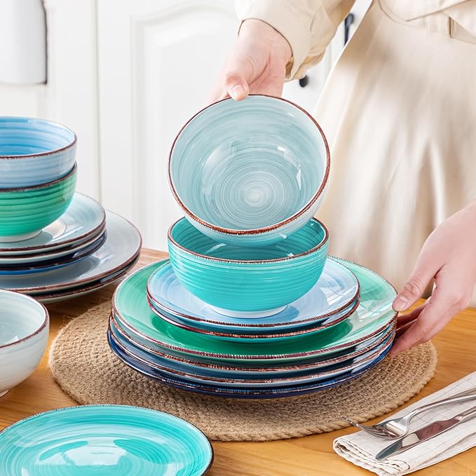 vancasso Bonita Dinnerware Set Blue Stoneware 18 Pieces Service for 6, Handpainted Spirals Pattern Stoneware Plates and Bowls Set