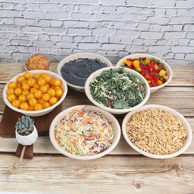 32 oz Round Disposable bowls with lids,Sugarcane Paper Bowls take away food containers Plant Fibers Freezer Safe 50 Pack