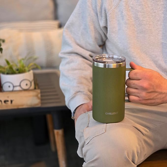 CHILLOUT LIFE Stainless Steel 20 oz Vacuum Insulated Coffee Mug with Handle and Lid, Large Thermal Camping Coffee Mug Cup with Durable Sliding Lid for Men & Women, Keeps your Beverages Hot/Cold