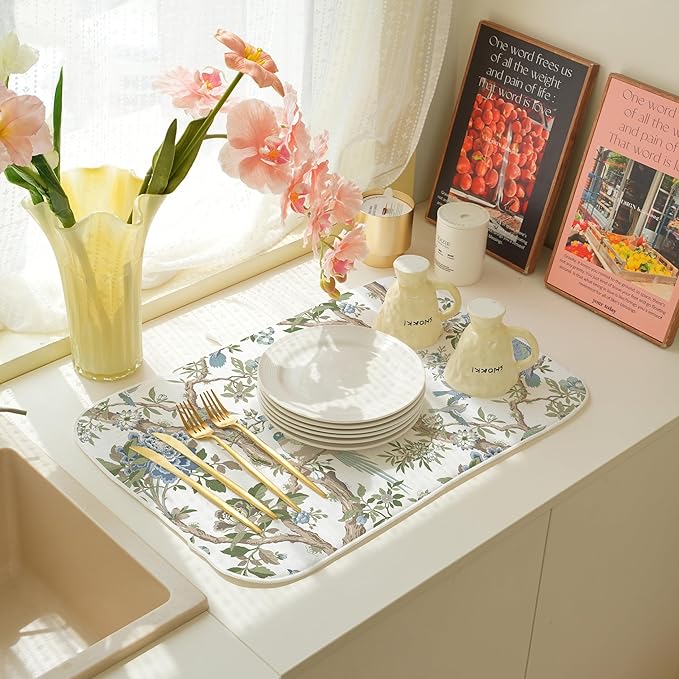 Chinoiserie Dish Drying Mat 18x24 Inches For Kitchen Counter Blue Green Birds Floral Kitchen Decoration Drying Mat Decorative Flower Drying Pad for Kitchen Dining Room Decor