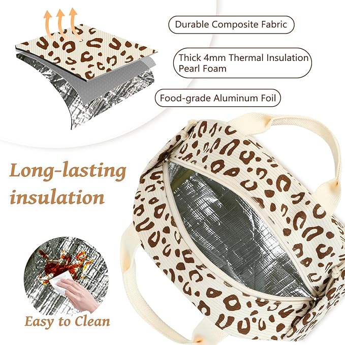 BTOOP Lunch Box for Women Men Cute Corduroy Lunch Bags Large Capacity Insulated Lunch Tote Bag For Work Travel Or Picnic (Beige-Brown-Leopard)