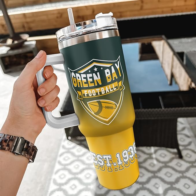 Custom 40oz Football Stainless Steel Tumbler with Handle & Straw, Personalized Insulated Travel Mug, Add Name & Number Cup, Sports Fan Game Day Gift (Green Bay-01)