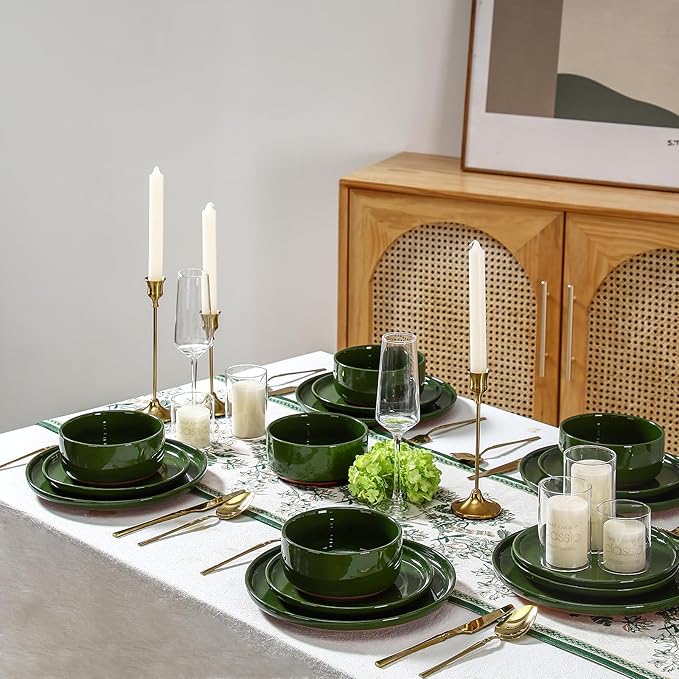 GZG Modern Art Series - 12 Pcs Speckled Stoneware Plates and Bowls Sets, Ceramic Dinnerware Set with Rustic Terracotta Underside, Microwave and Dishwasher Safe Handcrafted Dishes Set - Verdant Green