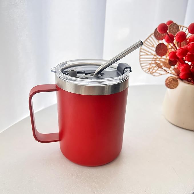 4pack 12oz Coffee Mug With Handle Bulk, Stainless Steel Insulated Travel Tumblers With,Double Wall Vacuum Camping Cup for Hot & Cold Drinks Tea (red)