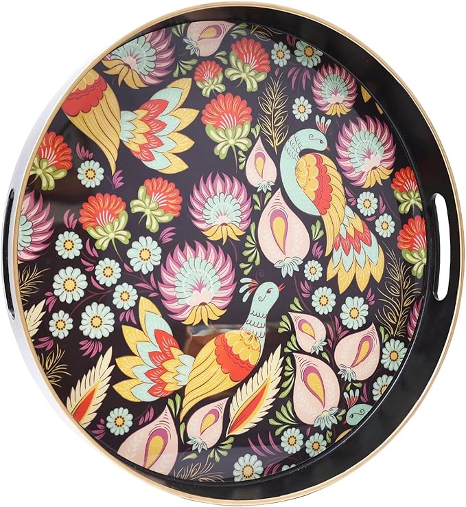 Spsyrine Decorative Serving Tray with Handles, Lacquered Coffee Table Tray for Ottoman, Round Waterproof Platters for Centerpieces, Parties, Living Room, Kitchen Counter Organization Peacock